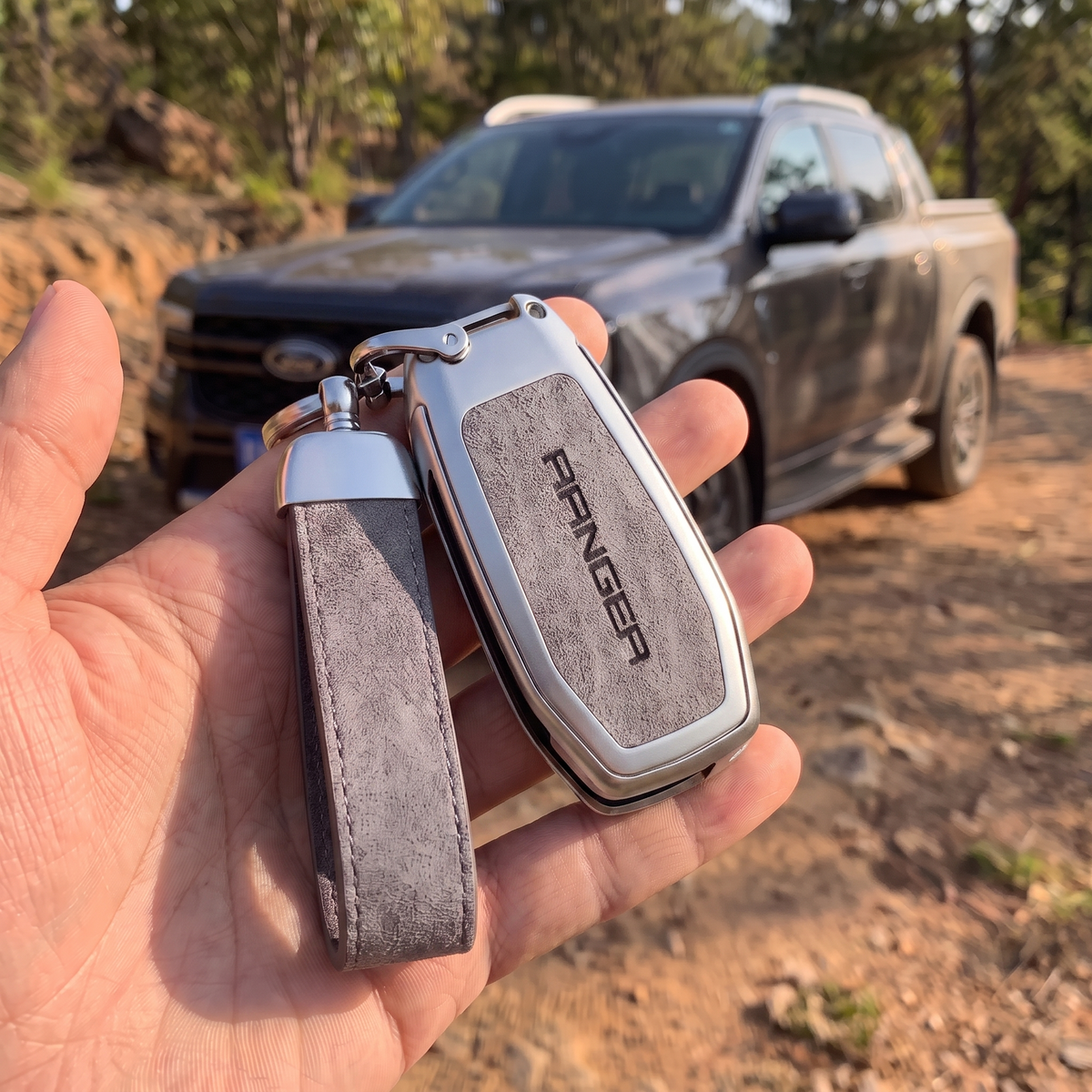 Ford Ranger Leather Key Case - silver gray lifestyle