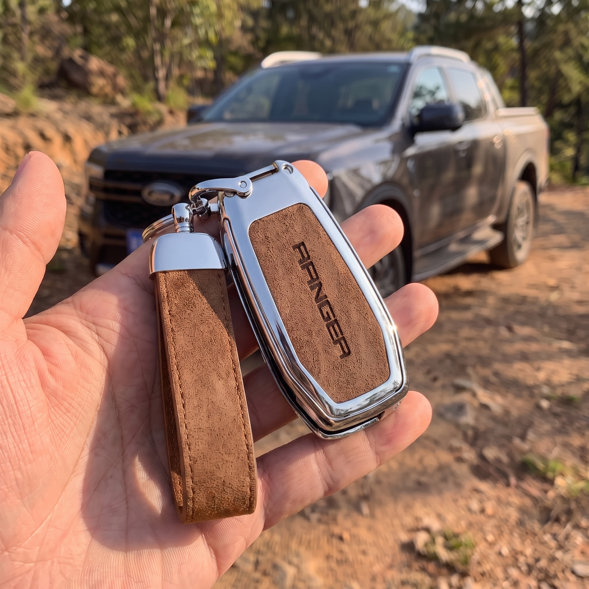 Ford Ranger Leather Key Case - silver brown lifestyle
